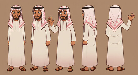Cartoon character in traditional Middle Eastern attire shown in various poses.