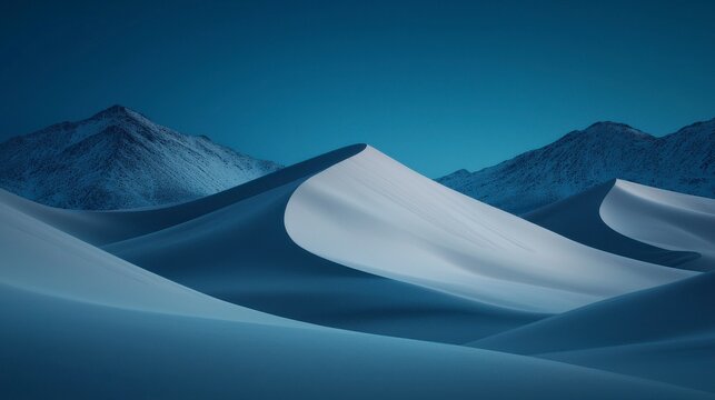 A serene landscape showcases smooth, undulating sand dunes bathed in cool blue tones, framed by distant mountains under a clear sky.