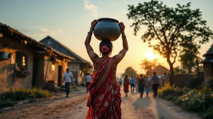 Rural Woman Carrying Clay Pot at Sunset in a Traditional Village