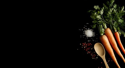 Fresh carrots, herbs, salt, and spices arranged for culinary use on a dark background.