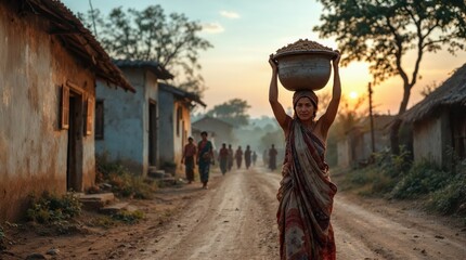 Rural Woman Carrying Clay Pot at Sunset in a Traditional Village