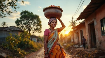 Rural Woman Carrying Clay Pot at Sunset in a Traditional Village