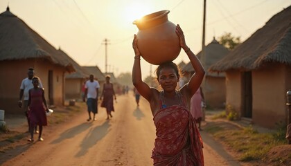 Rural Woman Carrying Clay Pot at Sunset in a Traditional Village