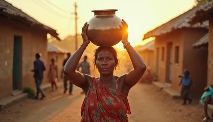 Rural Woman Carrying Clay Pot at Sunset in a Traditional Village