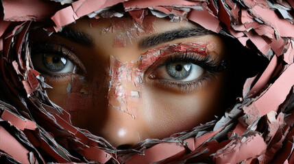 Eyes emerging from torn layers