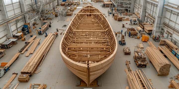 A large wooden boat hull under construction in a spacious workshop, surrounded by various tools and materials.