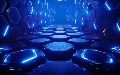 A futuristic corridor with hexagonal tiles illuminated by blue lights.