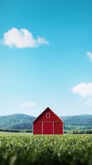 Obraz premium Red barn surrounded by lush green field under clear blue sky in rural landscape