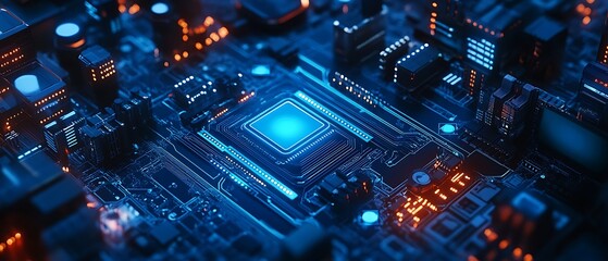 A close-up view of a futuristic circuit board with glowing elements.