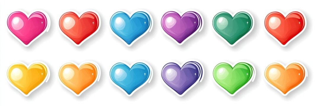 This collection features an array of heart-shaped stickers in vivid colors, ideal for craft enthusiasts to enhance cards, scrapbook pages, and themed decor