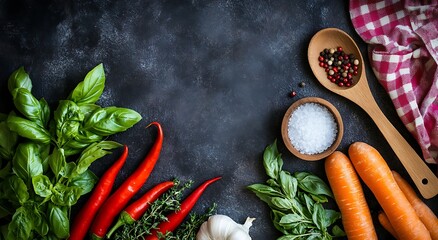 A vibrant arrangement of fresh vegetables and herbs on a dark surface, ideal for cooking.