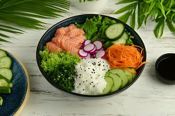 A colorful bowl of sushi ingredients featuring salmon, vegetables, and rice.