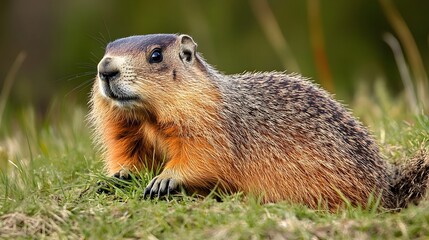 Naklejka premium Groundhog stands in prairie grassland holding grass in paws, displaying soft golden fur near burrow entrance against green meadow background in natural sunlight with curious expression.