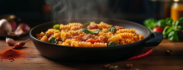 A steaming plate of pasta with vibrant herbs and spices, showcasing delicious Italian cuisine.