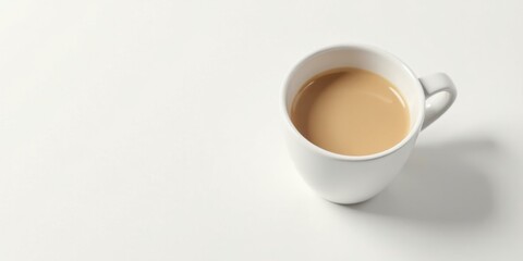 Obraz premium A single cup of creamy, light brown beverage sits on a bright white surface, perfect for a peaceful morning