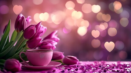 Purple tulips and heart shaped bokeh with cup of tea on pink table