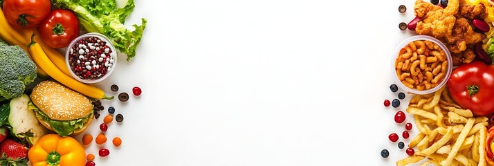 A colorful arrangement of fresh vegetables, fruits, and snacks on a white background.