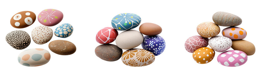 Colorful painted stones with intricate patterns arranged in three separate piles, showcasing creativity and vibrant designs