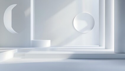 A minimalist interior space with geometric shapes and soft lighting.