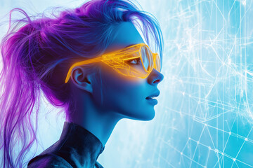 cyberpunk model in yellow futuristic glasses, standing in profile to the viewer