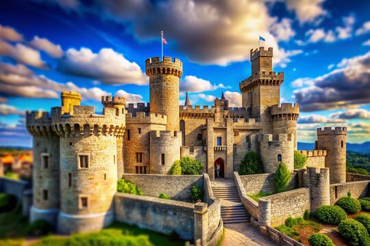 Fairytale Stone Castle, Blue Sky, Tilt-Shift Miniature Photography - Majestic Medieval Fortress