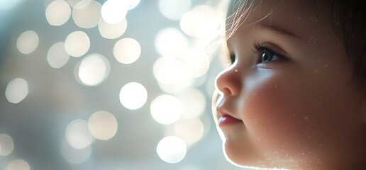 A close-up of a child's profile with soft bokeh lights in the background.