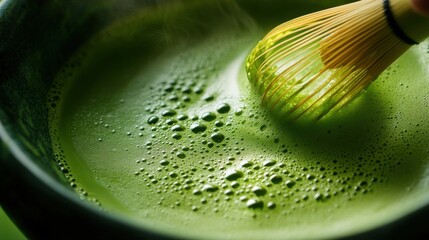Matcha green tea powder in a ceramic bowl with a bamboo whisk, surrounded by green tea leaves on a wooden background