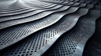 Obraz premium Abstract Wavy Perforated Metal Surface Texture with Subtle Undulations and a Dark Steel Tone