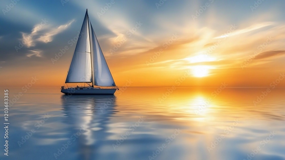 Sticker Sailboat at sunset, calm ocean, golden hour reflection.