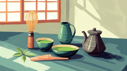 Traditional Japanese tea ceremony setup with matcha bowl, whisk, and tea pot