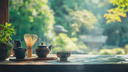 Traditional Japanese tea ceremony setup with matcha bowl, whisk, and tea pot
