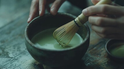 Matcha green tea powder in a ceramic bowl with a bamboo whisk, surrounded by green tea leaves on a wooden background