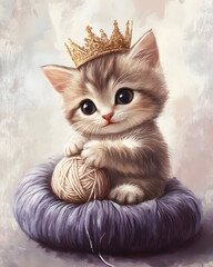 A cute kitten wearing a crown plays with a ball of yarn in a cozy setting.