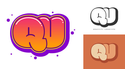 QU logo design for festival or party. Initial letter q and u in graffiti style. Creative modern lettering company name of font typography. Kids trendy logotype or identity.