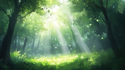Enchanted Forest Sunlight Ethereal Light Rays Filtering Through Lush Green Canopy.