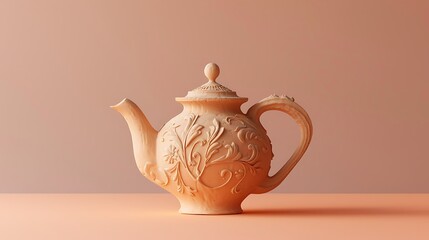 Rustic clay teapot with carved details on peach background