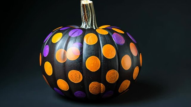Rotating halloween pumpkin with vibrant polka dot patterns on dark background