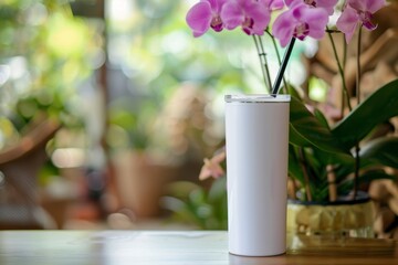 Refreshing Beverage with Straw Surrounded by Vibrant Orchids