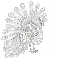 Obraz premium Line drawing of a peacock with an elaborate, fanned tail.