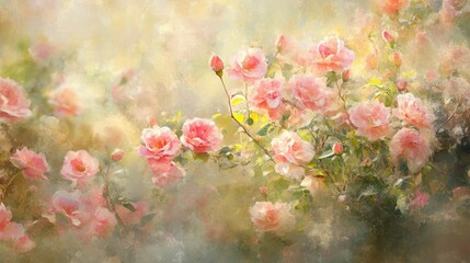 A vibrant field of pink roses basking in the soft