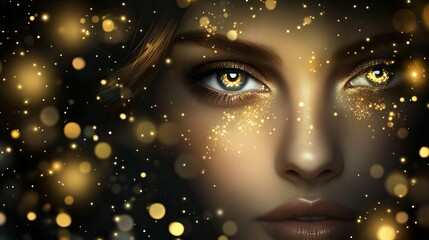 Fantasy Portrait with Intense Green Eyes and Gold Glitter in a Magical Cosmic Atmosphere