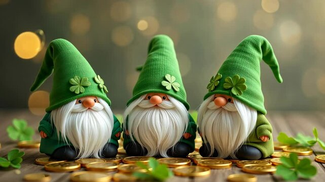 Three St. Patrick's gnomes with shamrocks and gold coins