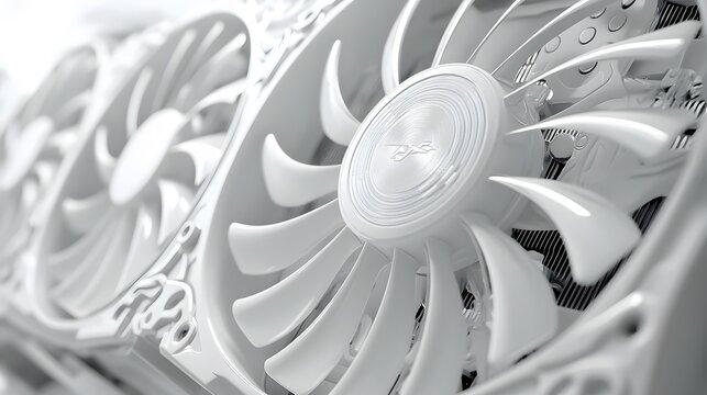 Modern white computer GPU cooling fans showcase detailed graphics card components with clean technology aesthetic, metallic finish, and precise mechanical details in premium gaming hardware.