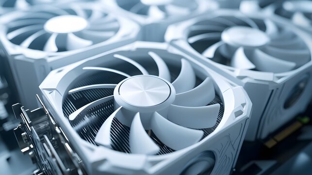 Modern white computer GPU cooling fans showcase detailed graphics card components with clean technology aesthetic, metallic finish, and precise mechanical details in premium gaming hardware.