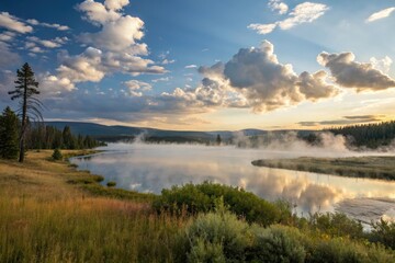 Fototapeta premium a picturesque lake scene at sunrise with mist rising from the lake's surface amidst fluffy white clouds, nature, clouds, idyllic