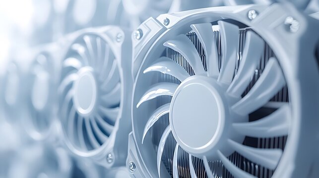 Modern white computer GPU cooling fans showcase detailed graphics card components with clean technology aesthetic, metallic finish, and precise mechanical details in premium gaming hardware.