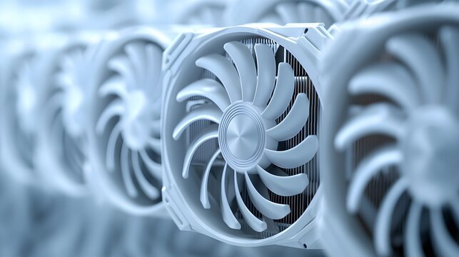 Modern white computer GPU cooling fans showcase detailed graphics card components with clean technology aesthetic, metallic finish, and precise mechanical details in premium gaming hardware.