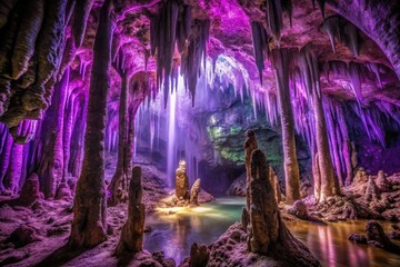 A mysterious dark purple cave with stalactites and stalagmites in the center of a vast forest, cave, stalactites, nature, stalagmites