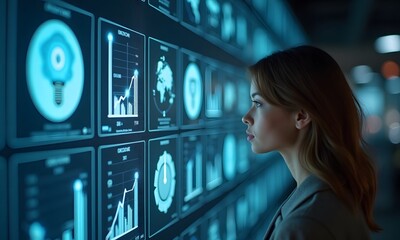 Focused Female Analyst Examining Complex Data Visualizations in Technological Environment