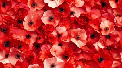 Mini red poppies seamless pattern, vibrant floral design, intricate details, suitable for textiles, wallpapers, and various decorative uses